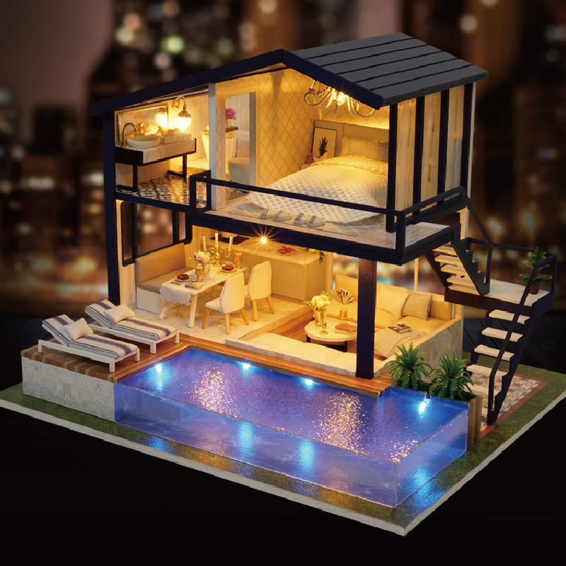 DIY Wooden Dollhouse Handmade Kit Set Miniature Collection Music Box Present Housewarming Gift with LED Light