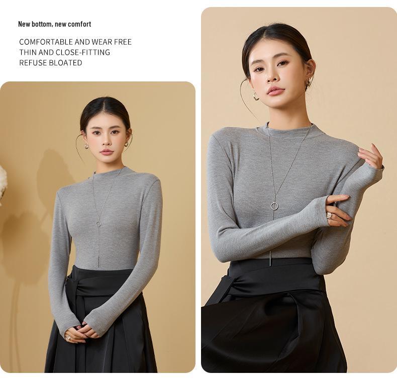Women's Tencel Wool Acetate High Elastic Stand Collar Slim Fit Long Sleeve Base Layer Top for Autumn/Winter Warmth.