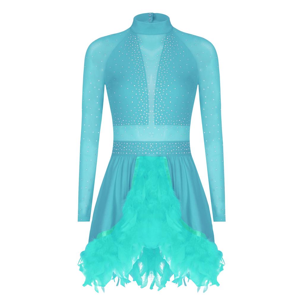 Women Feathered Dance Dress Shiny Rhinestones Mock Neck Long Sheer Mesh Sleeve Cutout Back Skirted Leotard