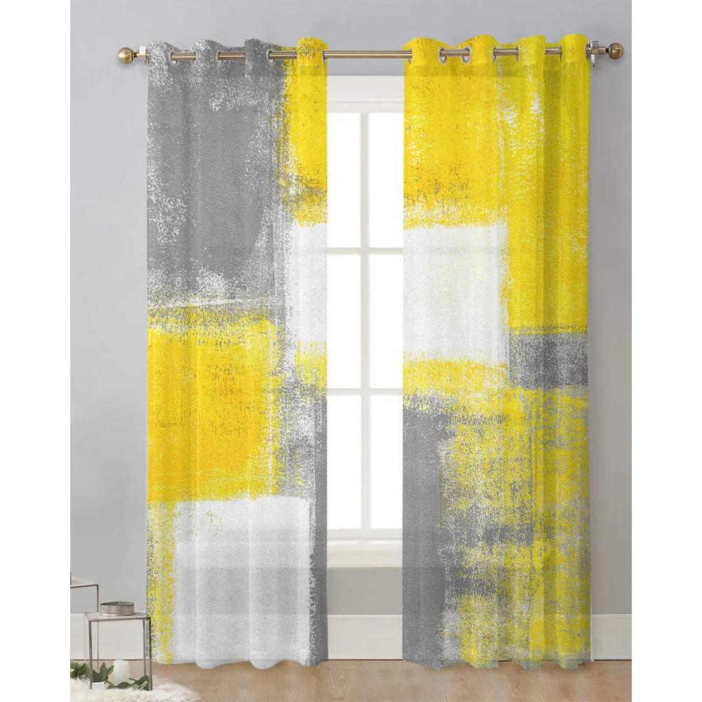 Картина маслом Абстрактные геометрические желтые серые прозрачные шторы для гостиной Декор оконные шторы кухонные тюль вуаль шторы