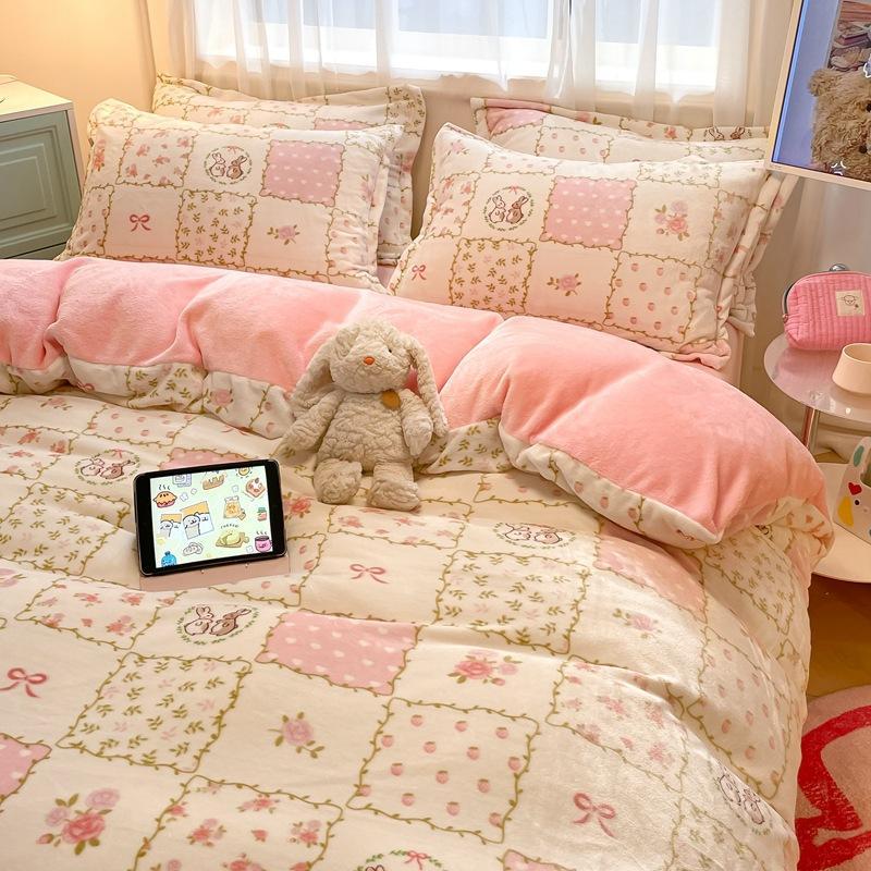 Winter Thickened Milk Fleece Bed Four-piece Set New Coral Fleece Flannel Single Quilt Cover Bed Sheet Three-piece Set Bedding