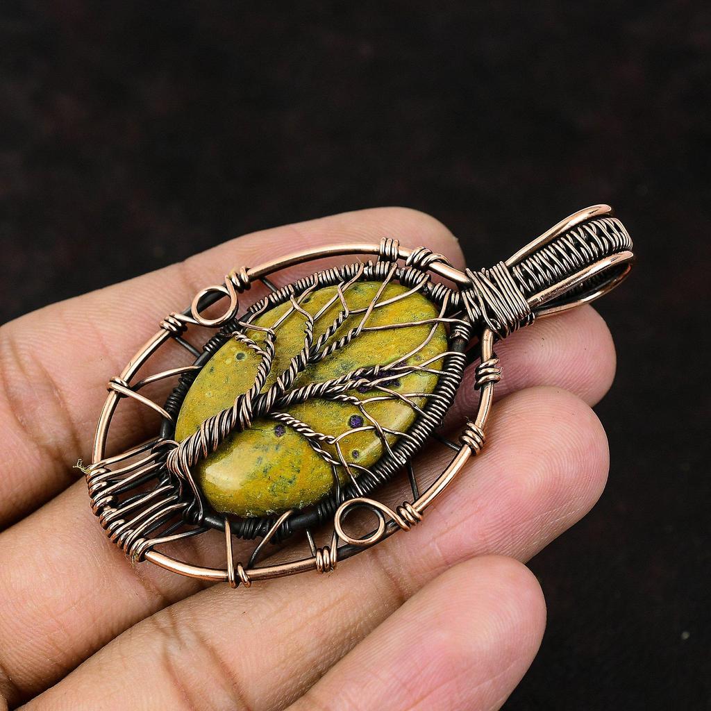 Подвеска из стихтита «Дерево жизни», медная проволока, обернутая в обертку, драгоценный камень, медная проволока, ювелирное изделие ручной работы, уникальный медный дизайн, кулон, подарок для нее