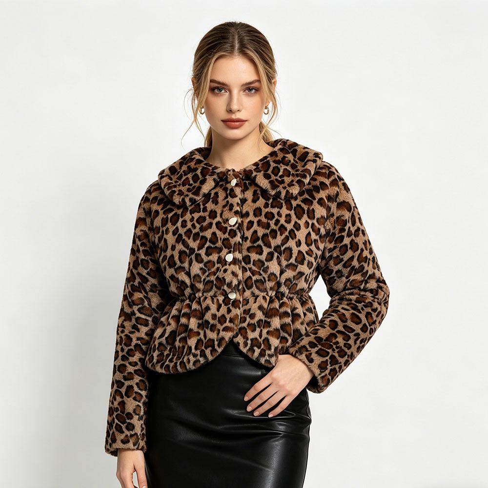 European and American autumn and winter women's clothing doll collar elastic waist long sleeve leopard print short plush imitation fur casual coat