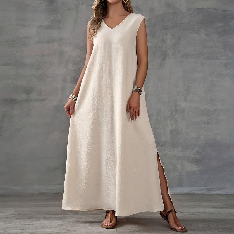 Sleeveless V-neck Side Split Summer Long Dress Elegant Fashion Loose Casual Simple A-line Party Maxi Long Dress Solid Color Woman Clothing