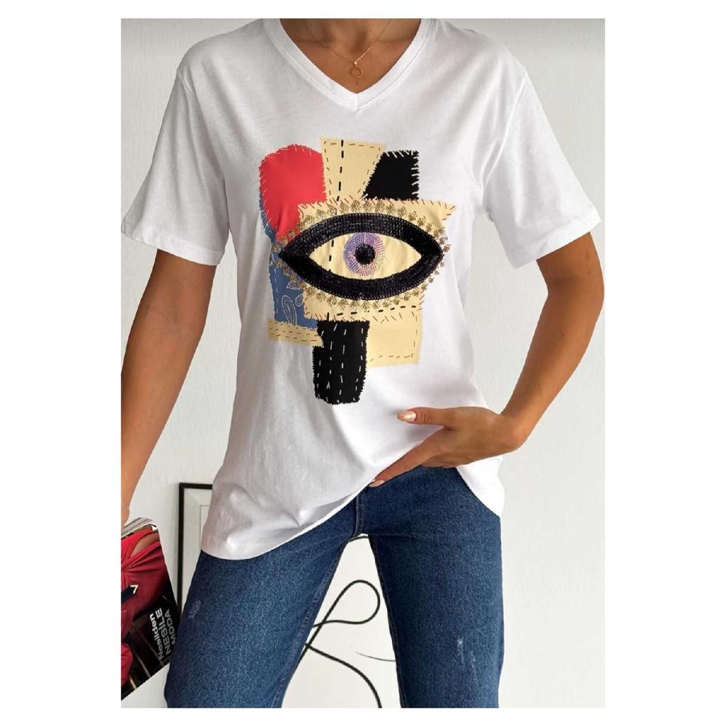 Женская черная футболка из 100 % хлопка с v-образным вырезом и вышивкой пайетками больших размеров