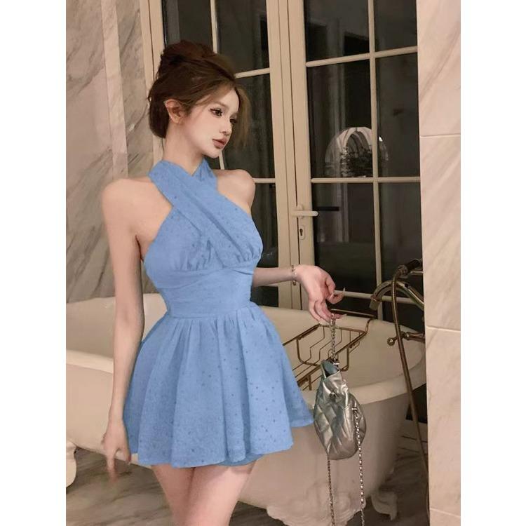 Синее платье с открытой спиной и бретельками через шею, женское летнее модное короткое элегантное платье без рукавов