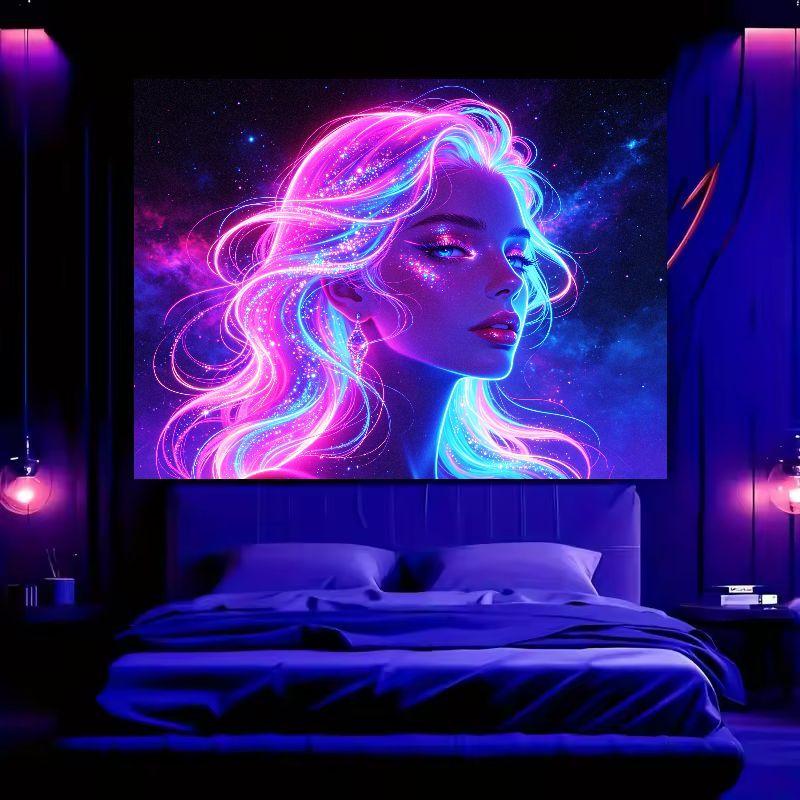 Психоделический портрет галактической девушки, гобелен, волосы неонового цвета, космическое звездное небо, настенный декор для спальни