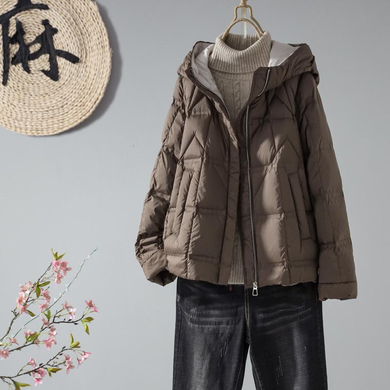 Легкая женская короткая куртка-пуховик с капюшоном на молнии, свободная прямая куртка, осень-зима, белое утиное пуховое пальто, однотонный цвет