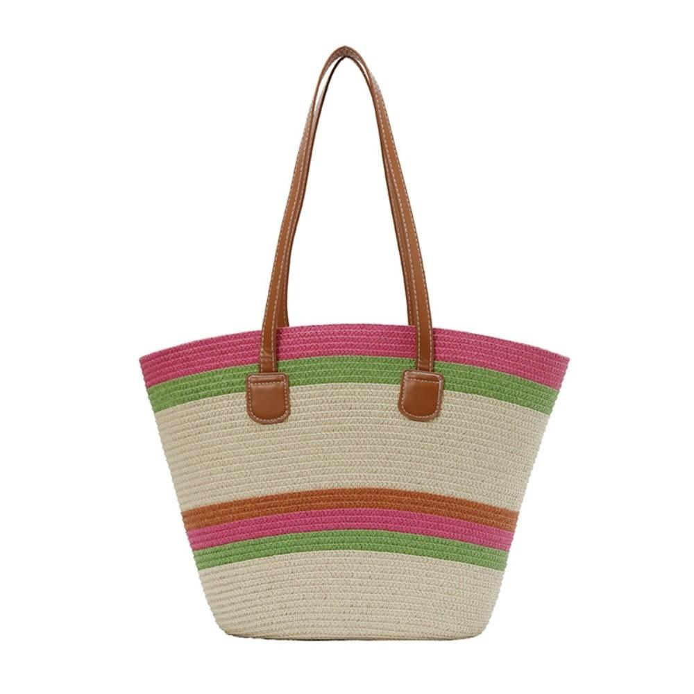Large Capacity Shopping Straw Bag Polyester Summer Beach Handbag Stripe Woven Tote Bag Female