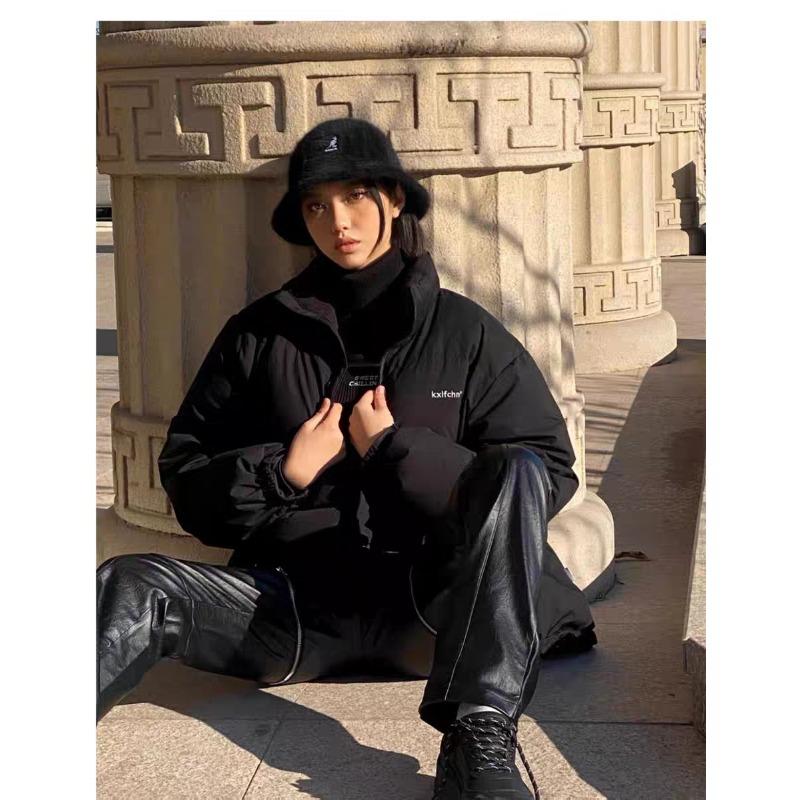 Orange down jacket women's short stand-up collar new winter tide brand loose couple bread jacket thickened