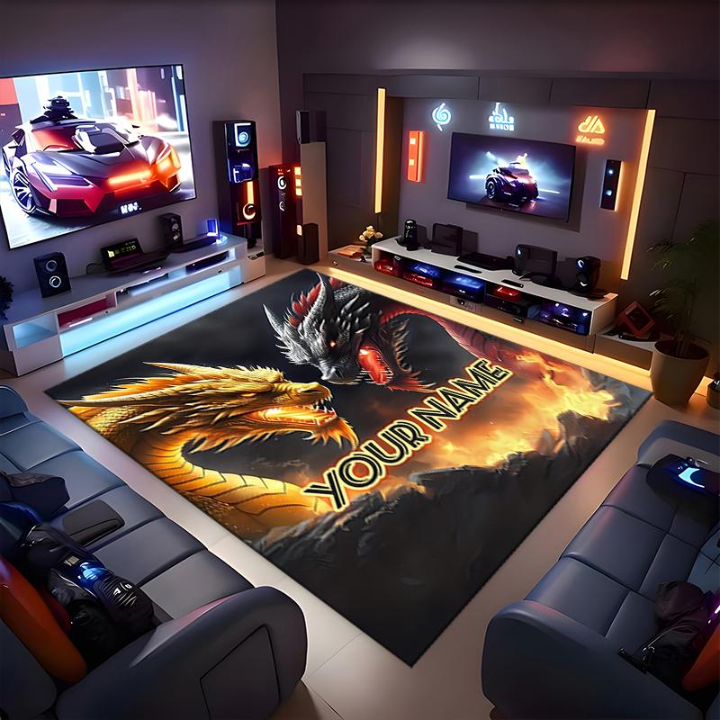 1PC Custom Name "Dragon Battle: Fire vs Ice" Theme Floor Mat Ideal for Living Room, Game Rooms, Office, Bedroom, Office Floor Mat , Floor Mats for Hom