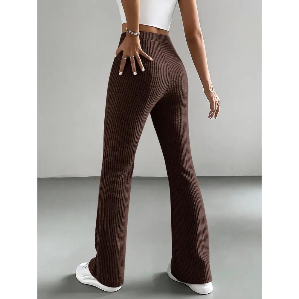 Womens Bell Bottom Pants  Casual Elastic Waist Trousers Solid Color Ribbed Knit Flare Pants