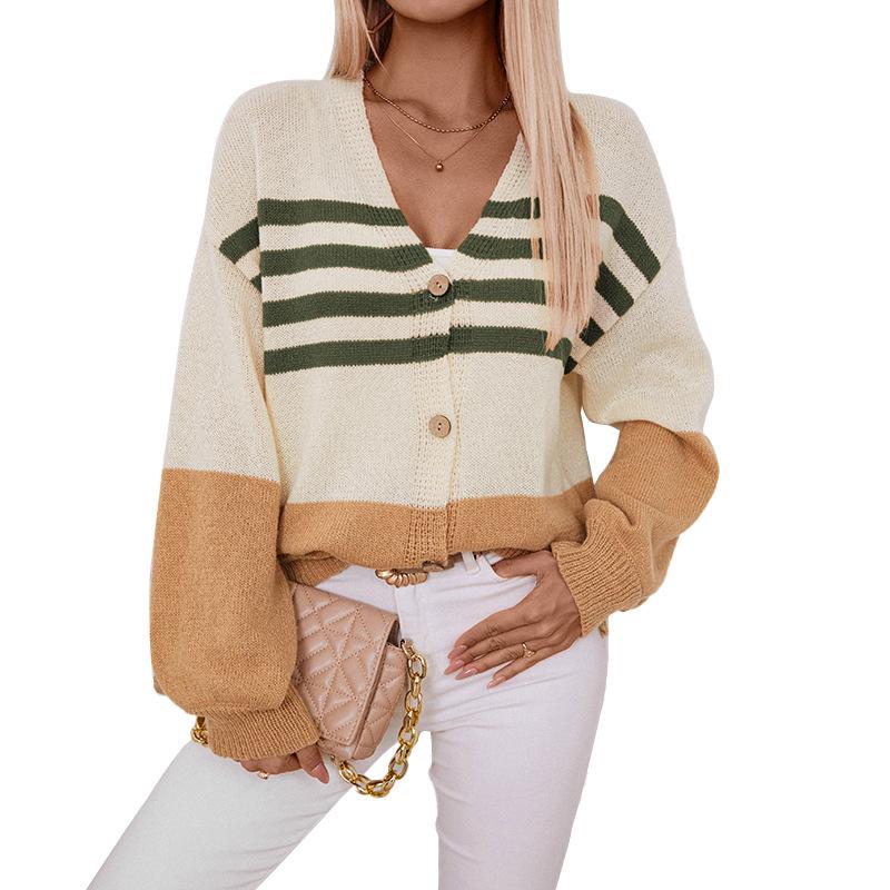 Striped Patchwork Cardigan Women's Sweater Autumn and Winter Clashing Colours Knitted Cardigan