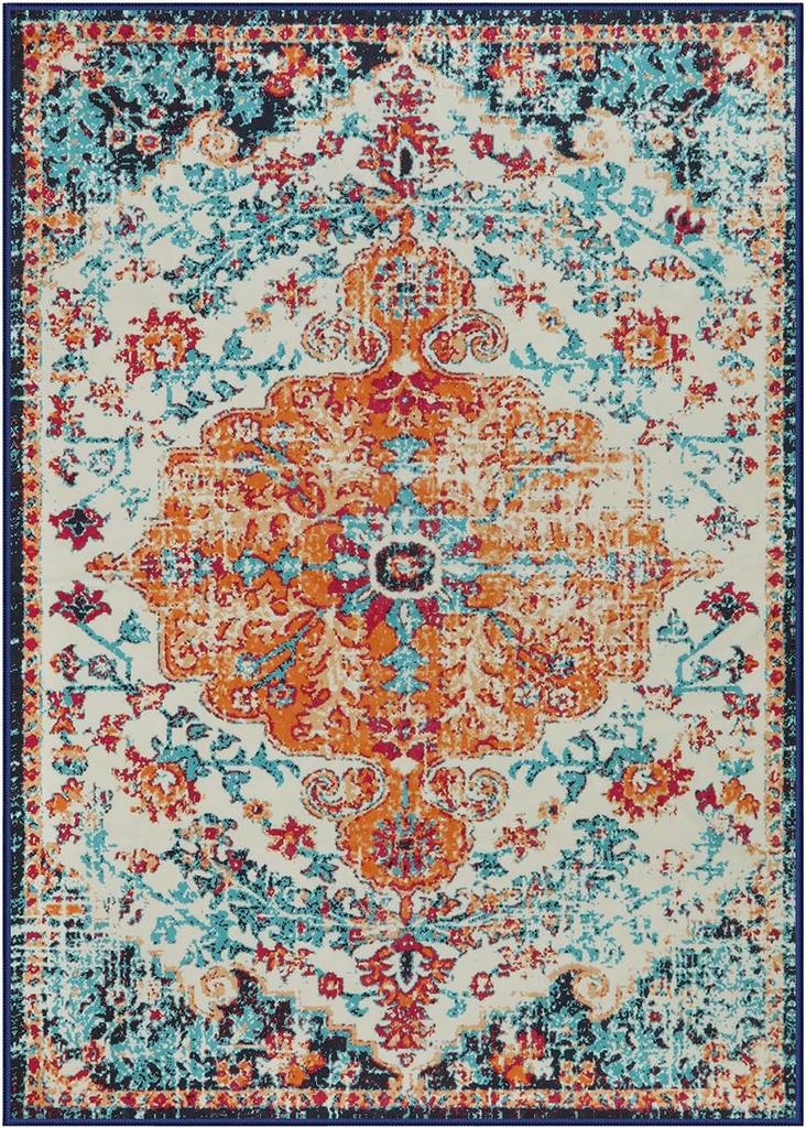 Bohemian Floral Medallion Area Rug Oriental Distressed Large Bedroom Rug, Soft Non-Slip Washable Dining Room Mat Indoor Throw