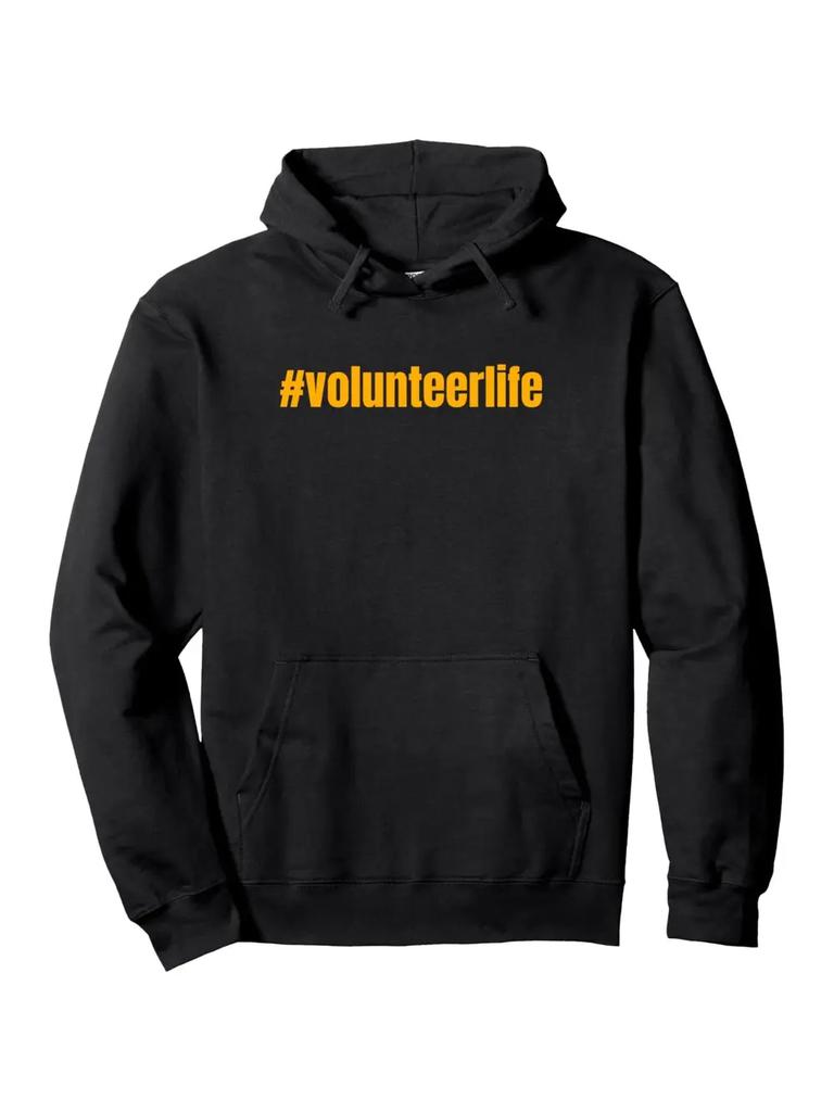 Casual #volunteerlife Graphic Hoodie - Black Pullover with Orange "Volunteer" Print