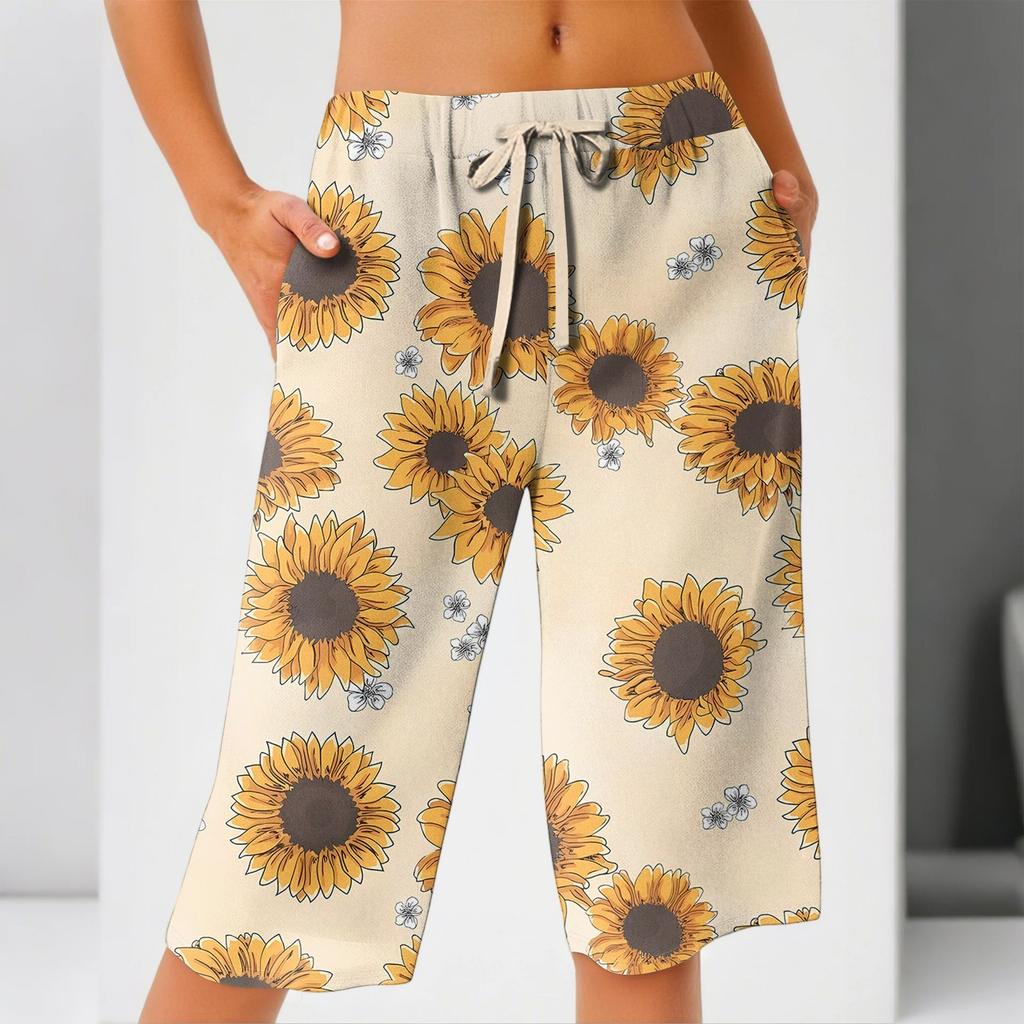 Женские летние свободные шорты из хлопка и льна с эластичным поясом и цветочным принтом