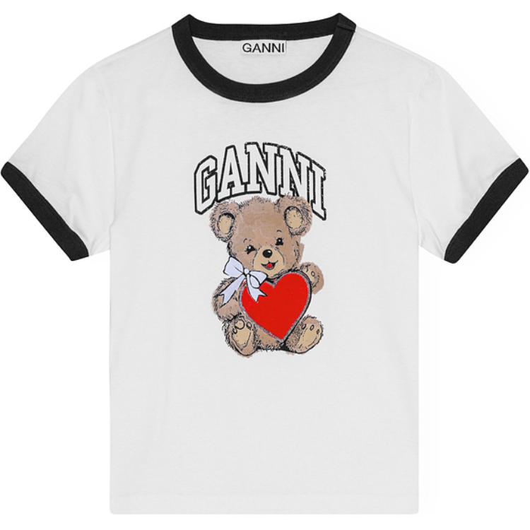 Ganni Fw24 Футболка с коротким рукавом, пуловер с круглым вырезом, узор «Медведь», женская футболка, ярко-белый T4061-151
