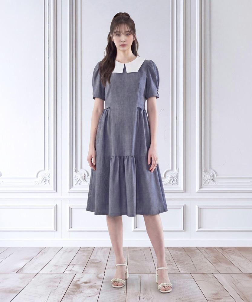 L By L Blue Check White Collared Dress