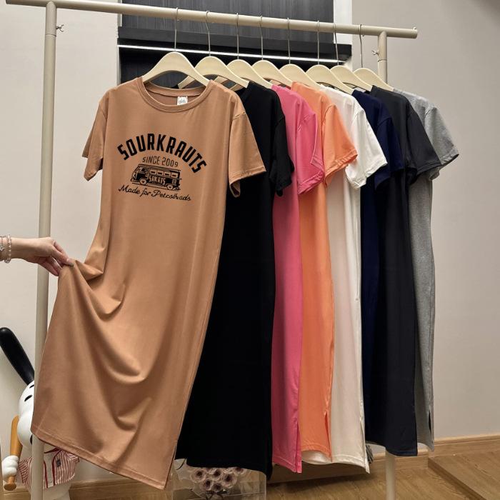 Новое платье с коротким рукавом свободного кроя, повседневное платье-футболка до колена, универсальное длинное платье средней длины, стройнящее для женщин летом