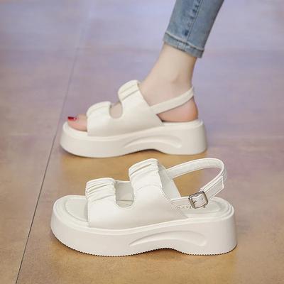 Женские сандалии на платформе с пряжкой в одну линию, плиссированные туфли с круглым носком, женские туфли для отдыха, каблук 5,5 см, высокие лаконичные сандалии De Mujer