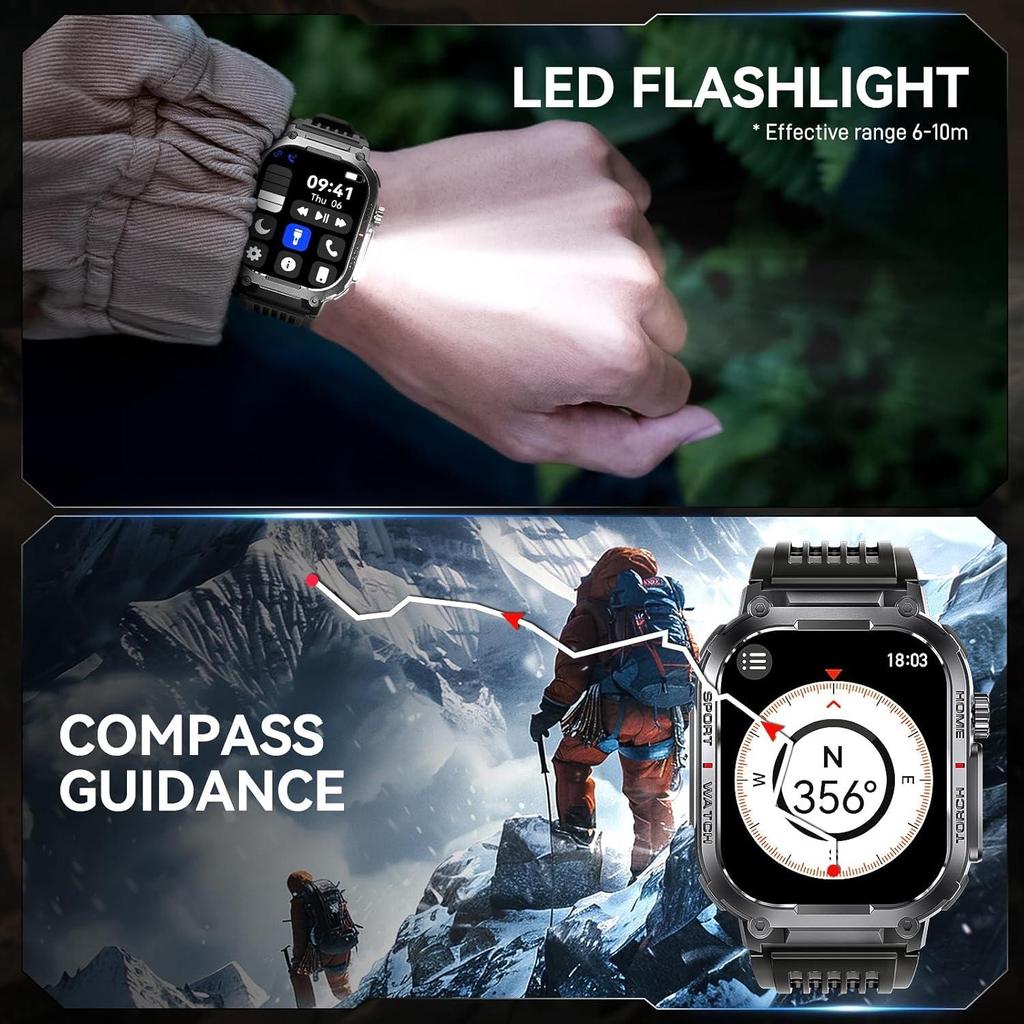 SACOSDING Compass Smart Watch Men 3ATM Waterproof 2.02" With Compass LED Flashlight Outdoor Sports Fitness Tracking Heart RateSmartwatch