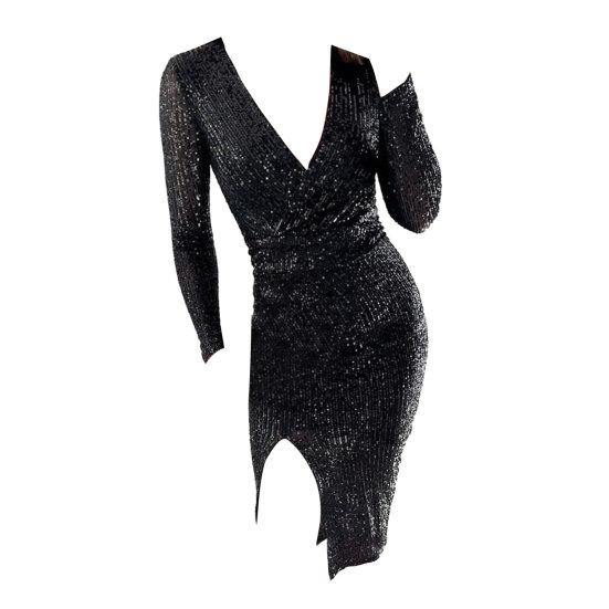 Женское платье с блестящими пайетками и глубоким V-образным вырезом, облегающее платье с разрезом подол и длинным рукавом, облегающее платье миди с высокой талией и длиной до середины икры для выпускного вечера