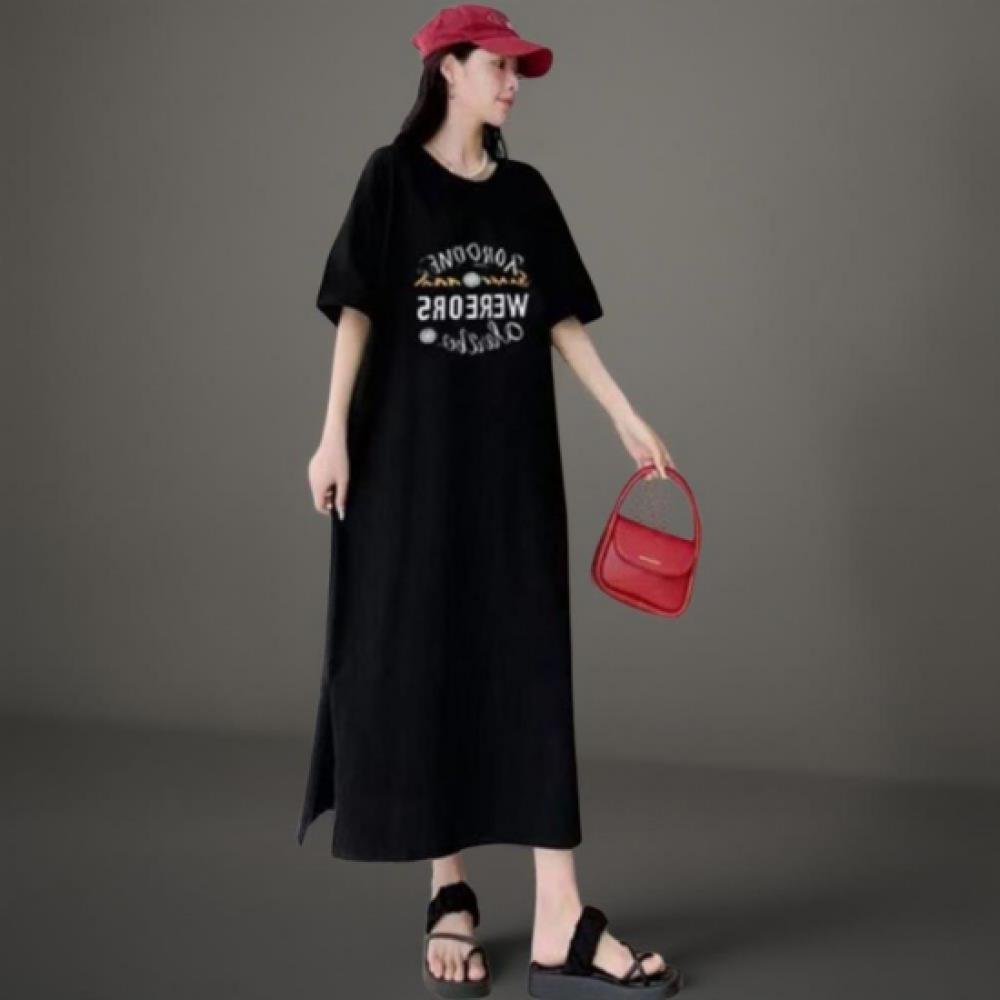 New Arrivals Open Run Women Oversized Lettering Side Slit Short Sleeve Longdress