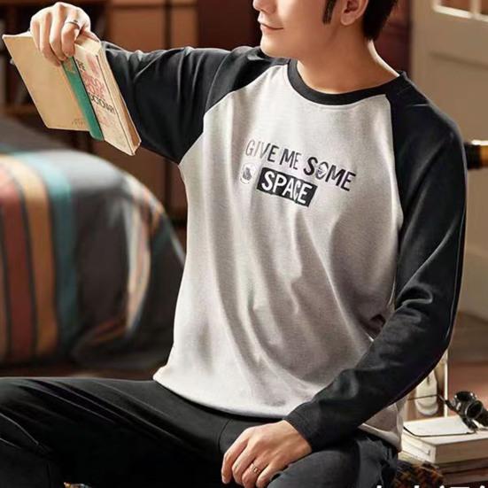 2 шт./компл., мужской пижамный комплект, весенне-осенний комплект с круглым вырезом и длинным рукавом, клетчатый топ с буквенным принтом, длинные брюки с эластичной резинкой на талии, комплект мужской пижамы, домашняя одежда