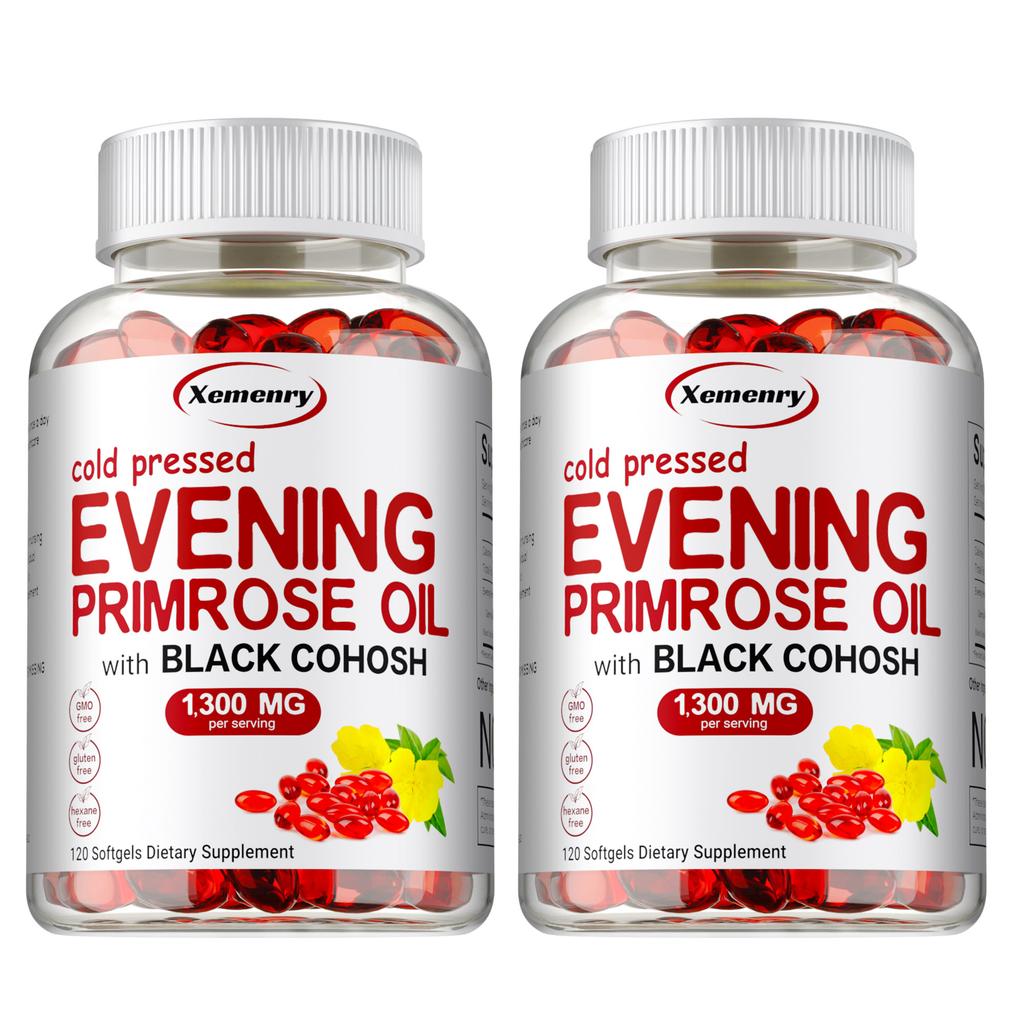 Cold-pressed evening primrose oil soft capsules, fortified with black cohosh, each serving contains 1300mg evening primrose oil.