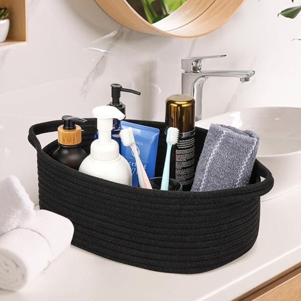 Storage Solution Cotton Rope Woven Basket with Handles Ribbon Trim Storage Bin Decorative Organizer Basket Shelves Storage