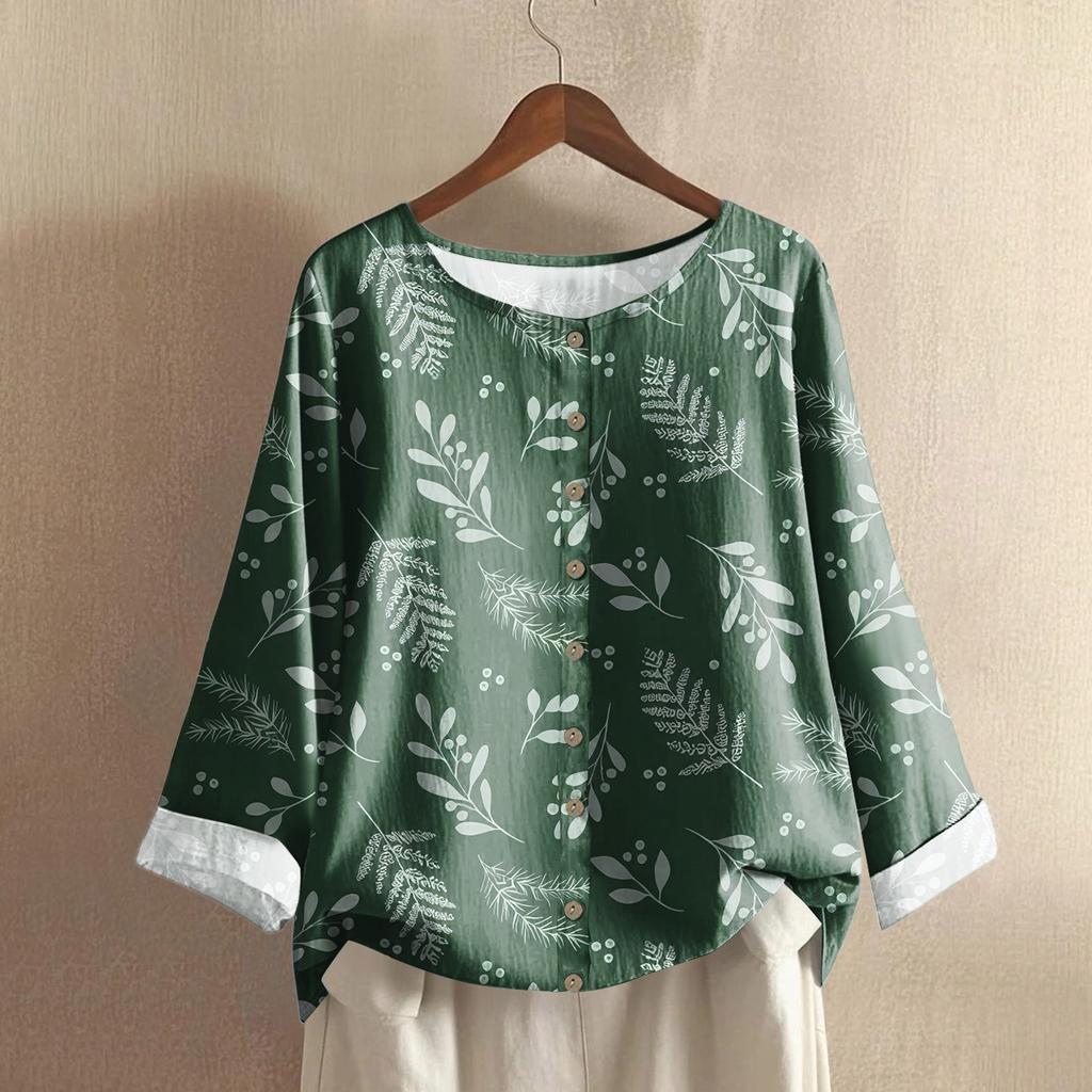 Женский повседневный топ с длинным рукавом и круглым вырезом, из хлопка и льна, с принтом в стиле ретро с градиентом