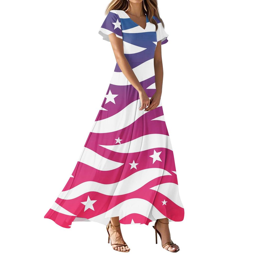 Женские повседневные модные платья с принтом ко Дню независимости, платья с коротким рукавом и V-образным вырезом