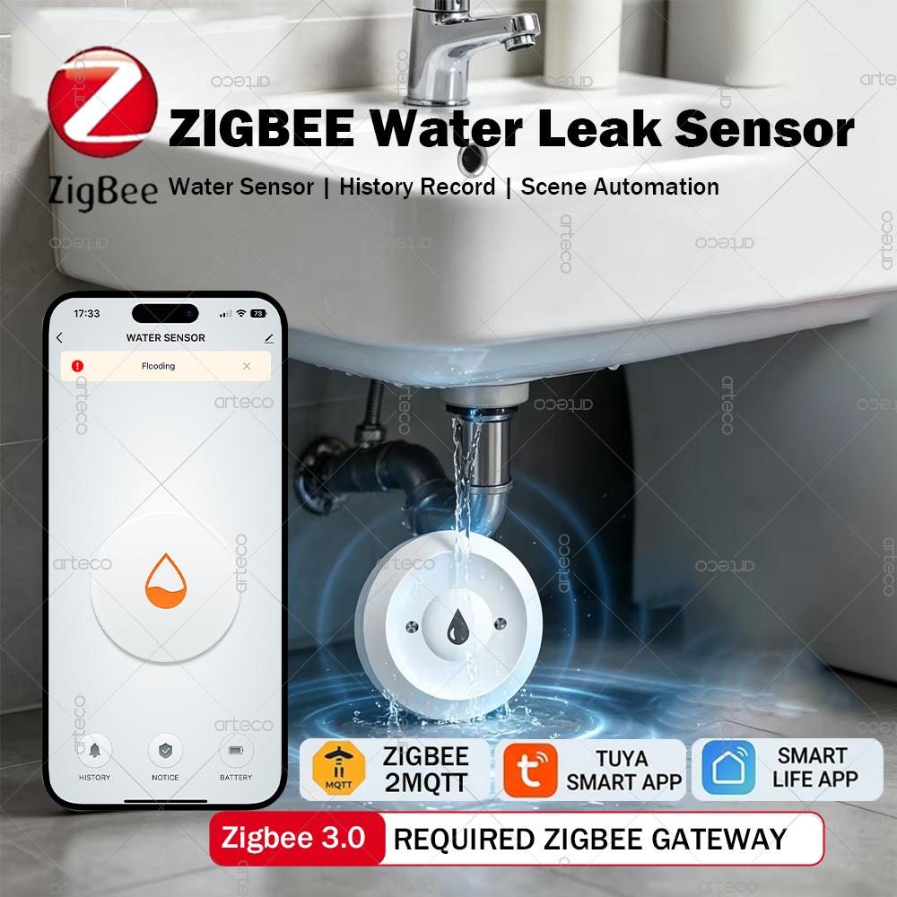 Датчик протечки воды Zigbee Умный дом Детектор затопления Перелив Сигнализация Удаленный мониторинг через приложение Tuya Smart Life Поддерживает Home Assistant Z2M