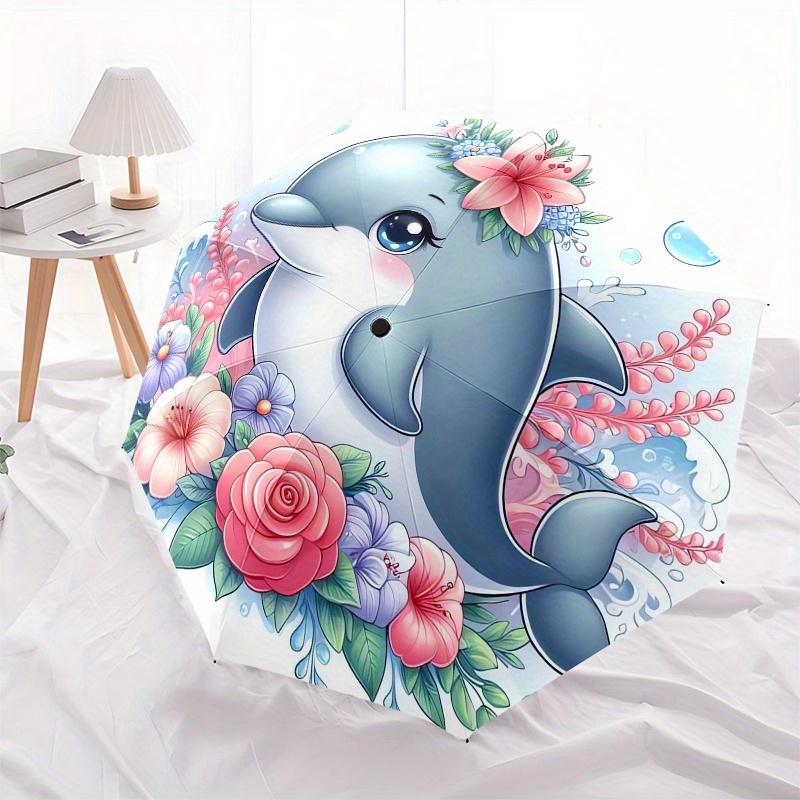 Dolphin,Flowers Automatic Folding Umbrella Simple 8 Rib Design, Bright Cartoon Pattern, Durable Iron Frame, Suitable For Travel, Outdoor, B