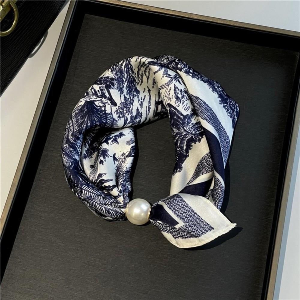 Fashion Pearl Buckle Silk Scarf Printed Soft Neck Scarf Lightweight Thin Neckerchief Women