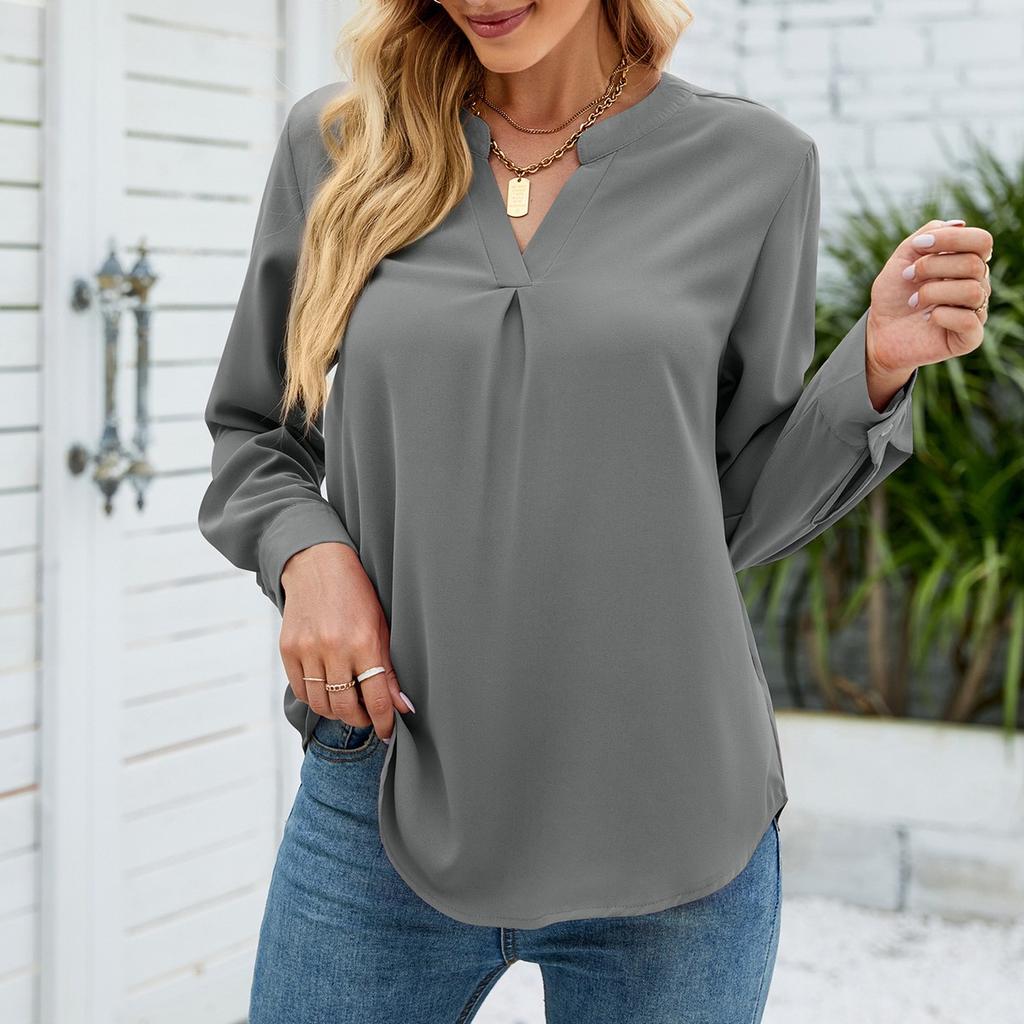 Женская модная однотонная шифоновая рубашка на пуговицах с v-образным вырезом, свободный топ с длинными рукавами