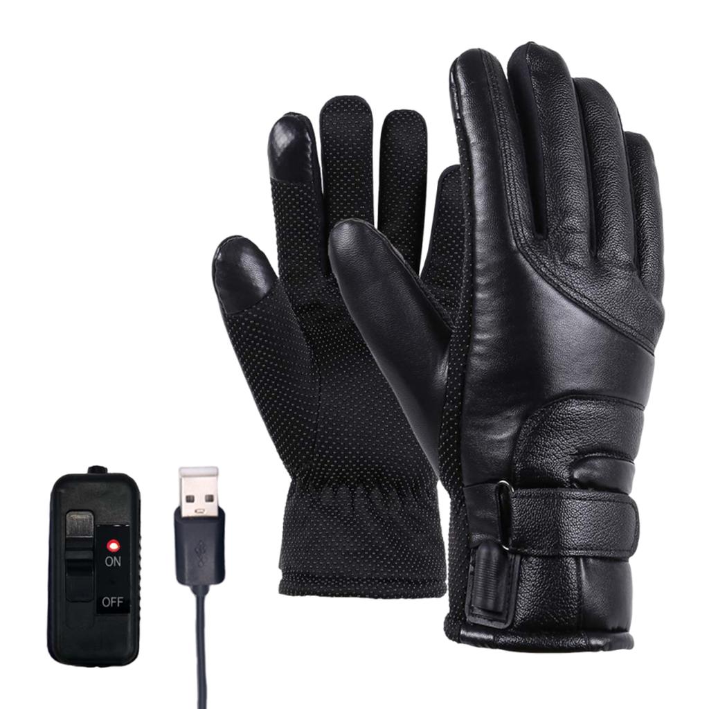 USB Heated Gloves Touchscreen Hand Warmer Electric Heating Gloves Windproof Leather Motorcycle Gloves for Outdoor Cycling Skiing