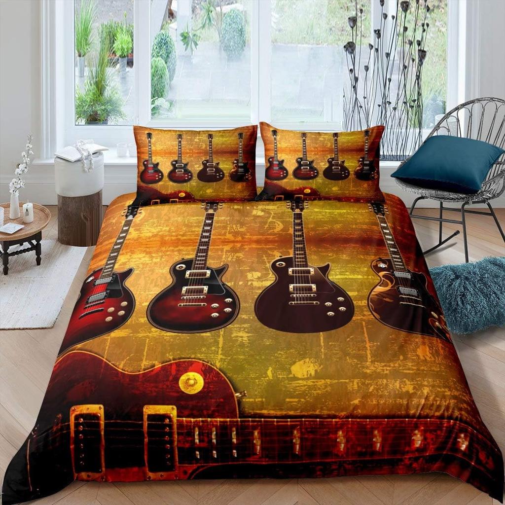 Guitar Duvet Cover Twin,Modern Music Themed Bedding Set Kids Cool Hip Pop Inspired Bed Cover,Musical Instrument Comforter Cover