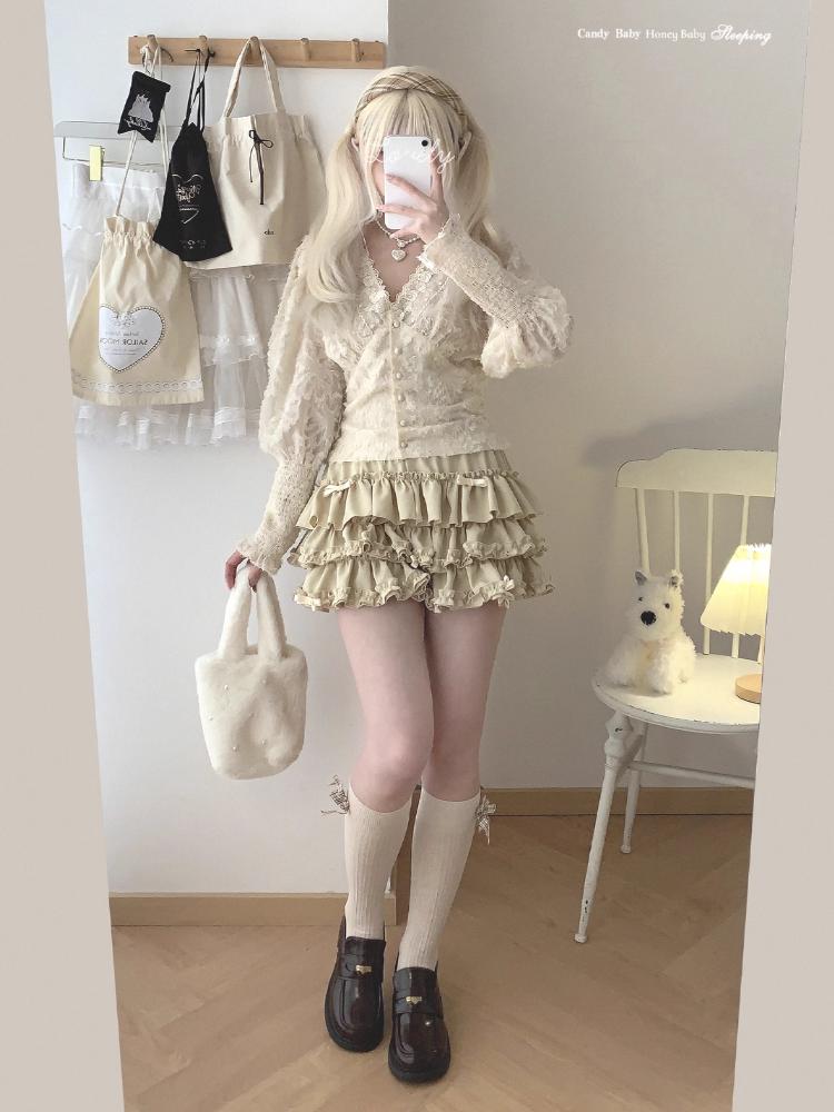 Юбка мини с милыми оборками Y2K для женщин, юбка-бантик в стиле кавайной Лолиты, юбка-трапеция в стиле Харадзюку в японском стиле с высокой талией, розовая, синяя, с тортом