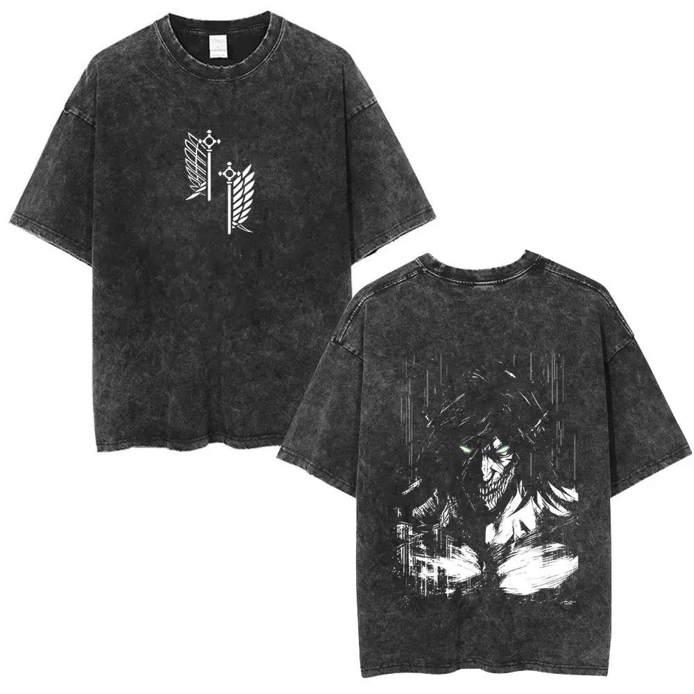 Washed Retro Anime Attack Titan Pattern T-Shirt Men'S And Women'S Comics Retro Oversized T-Shirt Men'S Fashion Casual Cotton T