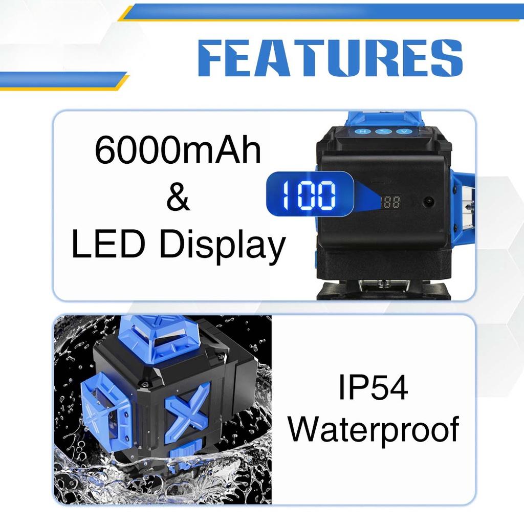 6000mAh 16 Lines 4D Green Laser Level Tripod Green 360° Horizontal + Vertical Cross Lines With Auto Self-Leveling Indoors and Outdoors