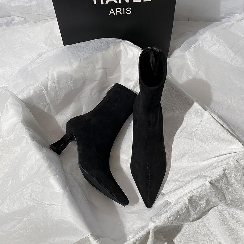 Brown Boots Women's High Heel Autumn and Winter Versatile French Thin Heel Elastic Boots Suede Pointed