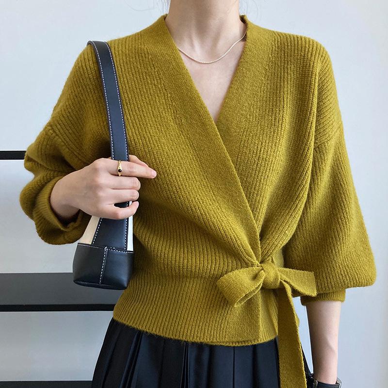 Усовершенствованный свитер, трикотаж, женский вязаный кардиган, осень-зима, галстук с v-образным вырезом, милые короткие вязаные топы с длинными рукавами