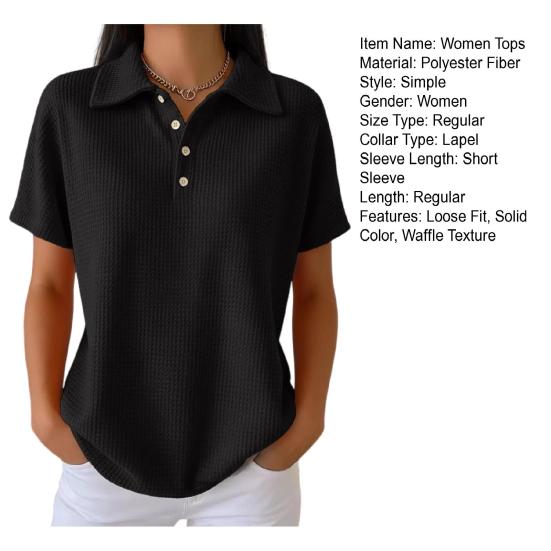 Women Tops Lapel Short Sleeve Buttons Half Placket Shirt Tops Pure Color Waffle Texture Regular Fit Casual Shirt Home Dates Versatile