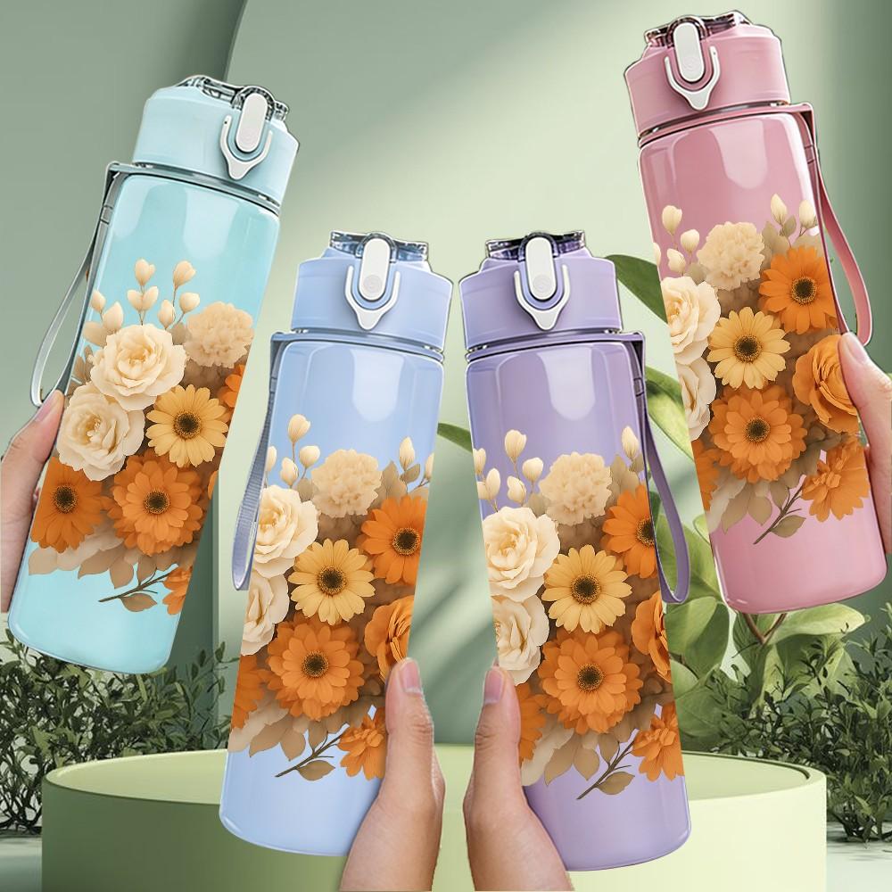 1PC Warm Dried Sunflower Bouquet Pattern 750ml Color Plastic Sports Water Bottle Leakproof Flip Straw Lid Suitable for Sports Office Home Use