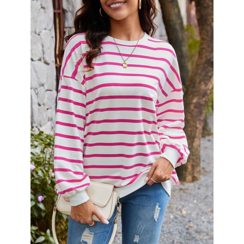 Женская осенняя свободная повседневная толстовка с длинным рукавом в полоску большого размера
