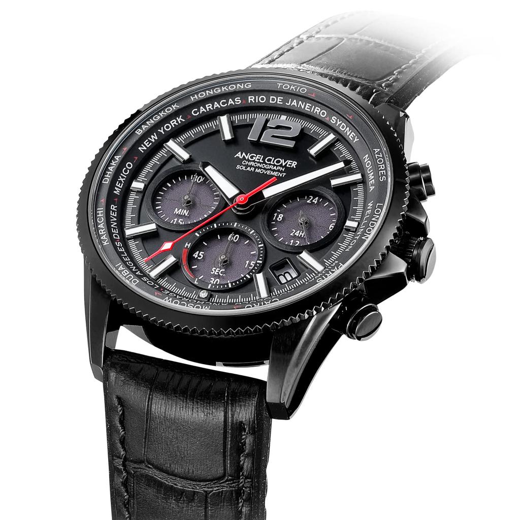 Watch Angel Clover Mondo Solar Black Dial Stainless Steel Calf Solar Quartz 43MM Watch [ANGELCLOVER] Leather/Rubber MOS42BBK-BK Men's