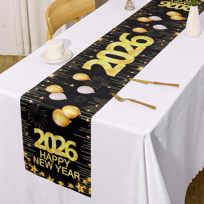 2026 Happy New Year Table Runner Fireworks Champagne Polyester Table Cover For New Year Party Kitchen Dining Table Decorations