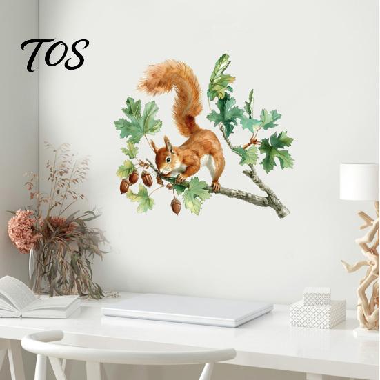 Soft Watercolor Illustration Decals Squirrel Wall Sticker, Cute Tree Branch Decal, Stickers Forest Animal Mural Art for Living Room, Bedroom, Nursery
