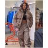 Womens 2-Piece Leopard Print Puffer Set Hooded Short Coat Wide Leg Pants Winter Streetwear